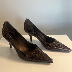 Nine West Brown Pointy Toe Patent Faux Alligator Crocodile Pumps Stiletto Heels